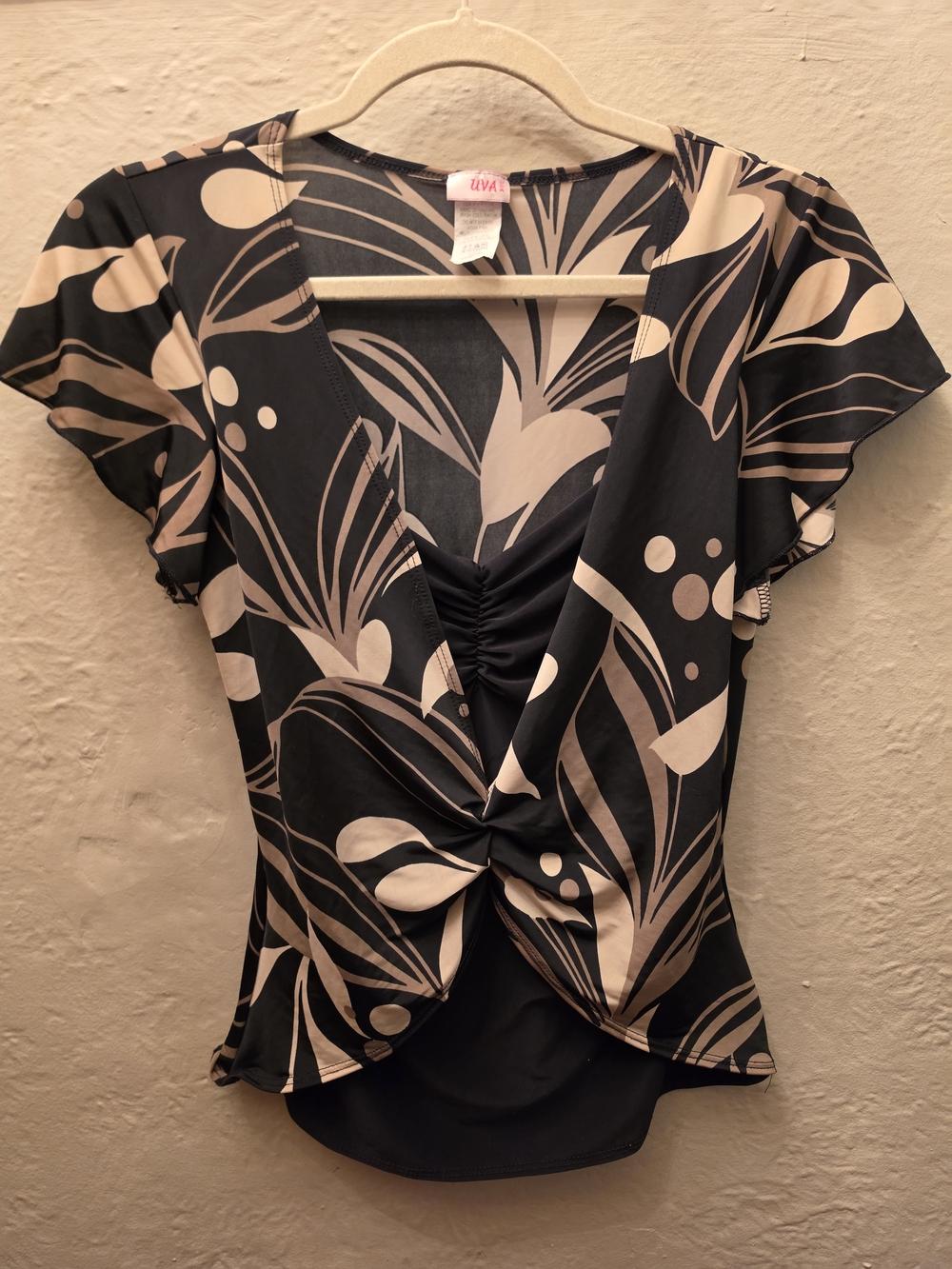 UVA Black Beige Tropical Floral Twist Front Flutter Sleeve Top M/L Y2K